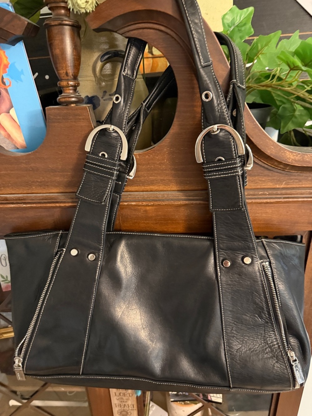 Perlina Black Leather Tote Bag with Silver Hardware